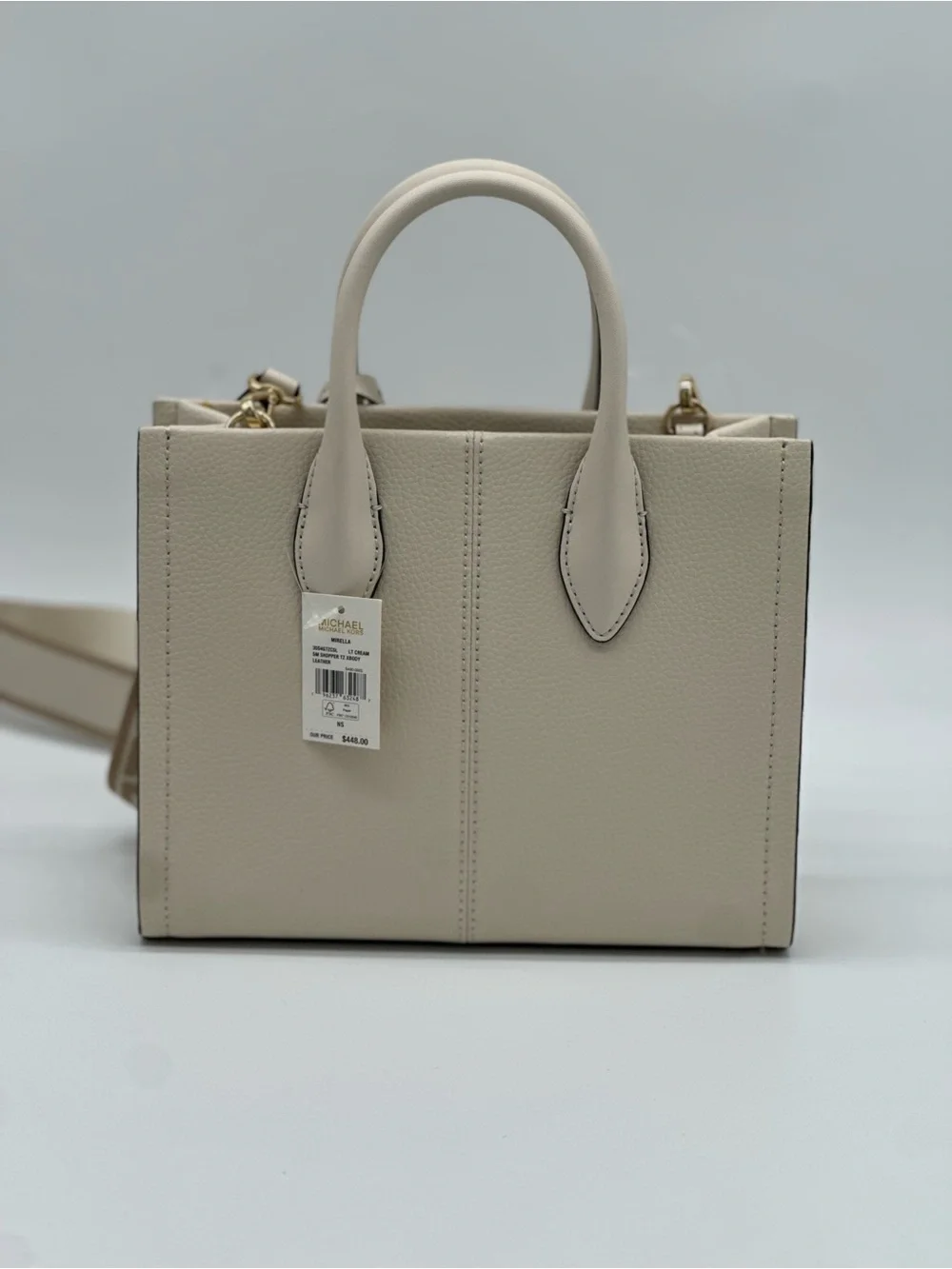 Michael Kors Cream Pebbled Leather Satchel with Logo Strap